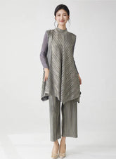 Metallic Pleated Tunic Top & Wide Leg Pants Set